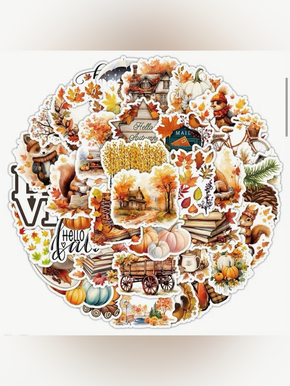 52 Romantic Autumn Harvest Stickers Fall Leaves & Pumpkins Bonfire Animals Trees
